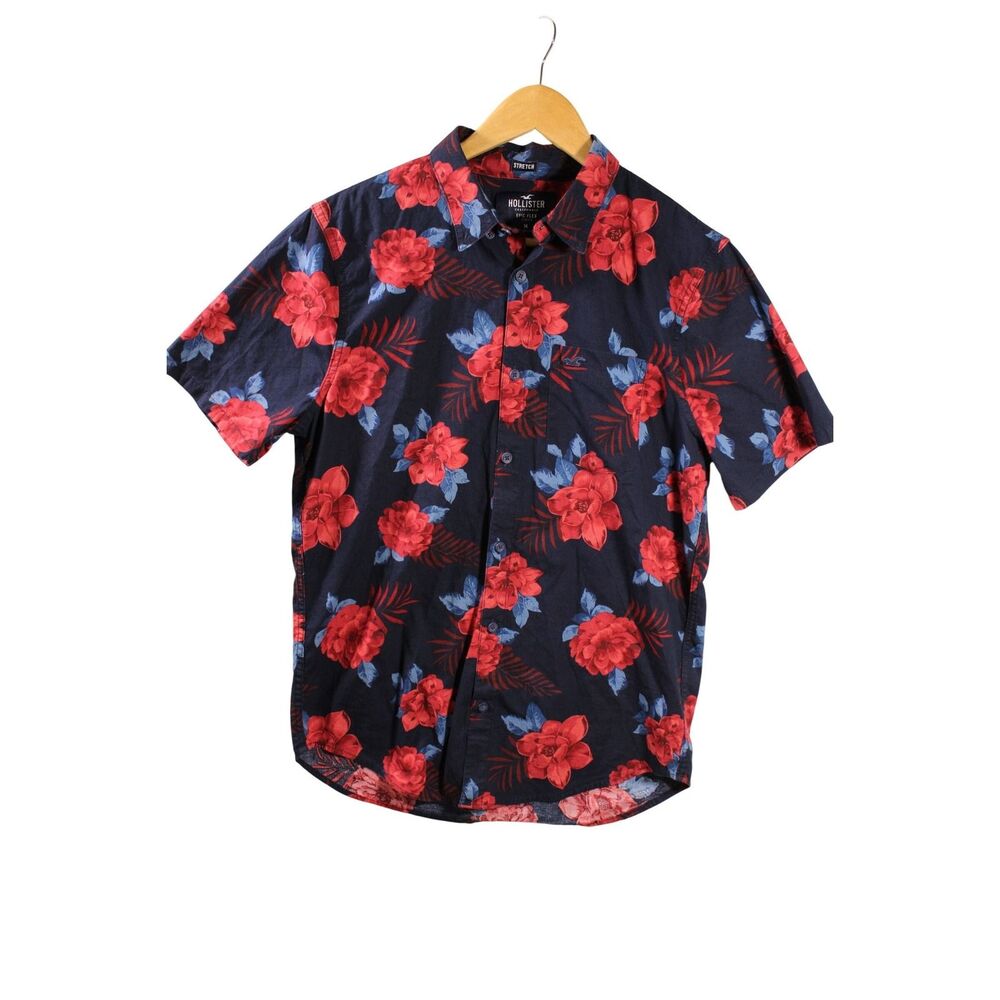 Hollister Mens Epic Flex Stretch Short Sleeve Floral Button Down Navy Red M